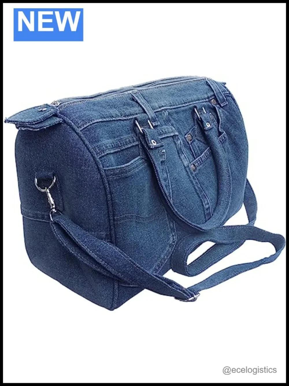 Upcycled Denim Bowler Handbag Large Top Handle Convertible Shoulder Purse